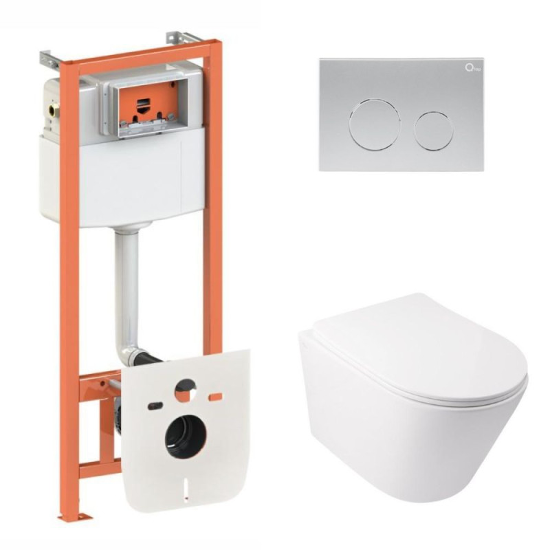 Готовое решение Qtap для ванной комнаты: подвесной унитаз  Swan Ultra Quiet + комплект инсталляции Nest 4 в 1 (круглая клавиша Satin)