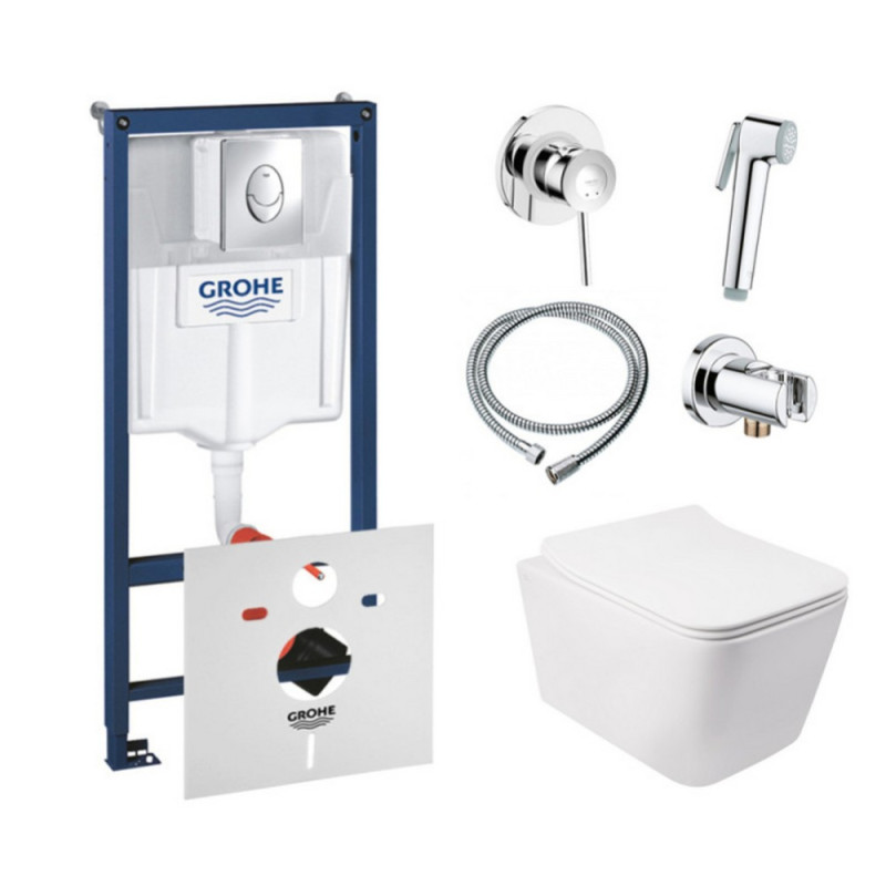Комплект інсталяція Grohe Rapid SL 38721001 + унітаз з сидінням Qtap Crow QT05335170W + набір для гігієнічного душу зі змішувачем Grohe BauClassic 111048