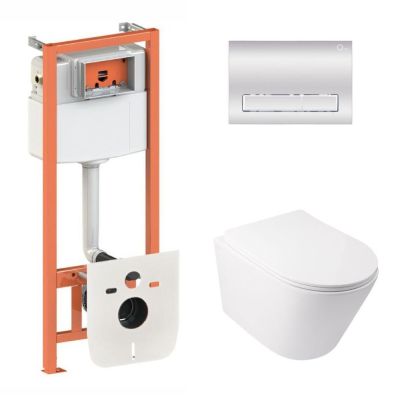 Готовое решение Qtap для ванной комнаты: подвесной унитаз  Swan Ultra Quiet + комплект инсталляции Nest 4 в 1 (линейная клавиша Chrome)