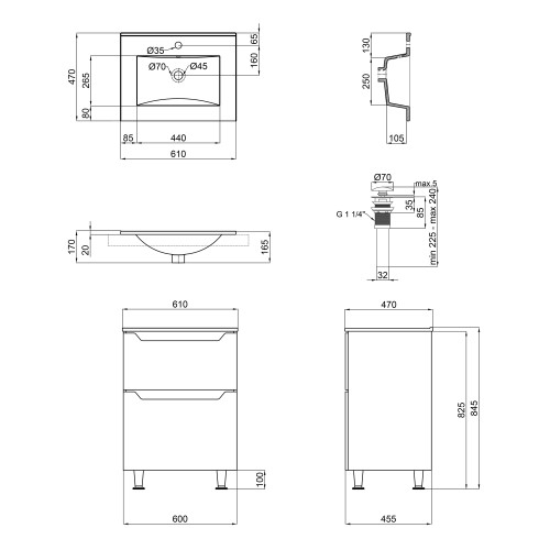 Комплект Qtap Scorpio 605х825х460 Graphite тумба підлогова + раковина урізна QT1471TNВ6023060CG