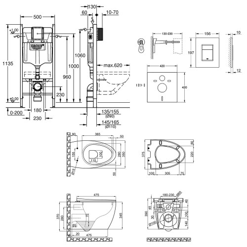Набір інсталяція 4 в 1 Grohe Rapid SL 3884000G + унітаз з сидінням Qtap Leo QT11331002ERW