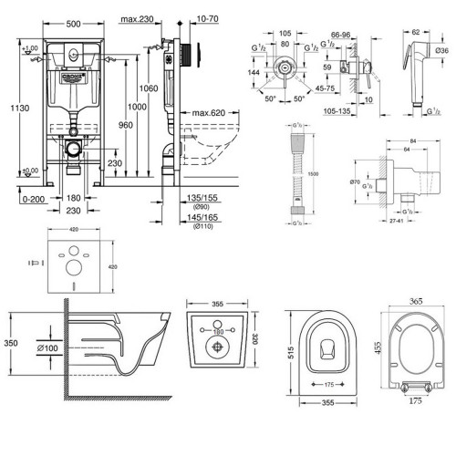 Комплект інсталяція Grohe Rapid SL 38721001 + унітаз з сидінням Qtap Swan QT16335178W + набір для гігієнічного душу зі змішувачем Grohe BauClassic 111048
