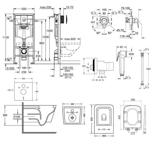 Комплект інсталяція Grohe Rapid SL 38722001 + унітаз з сидінням Qtap Crow QT05335170W + набір для гігієнічного душу зі змішувачем Grohe BauLoop 111042