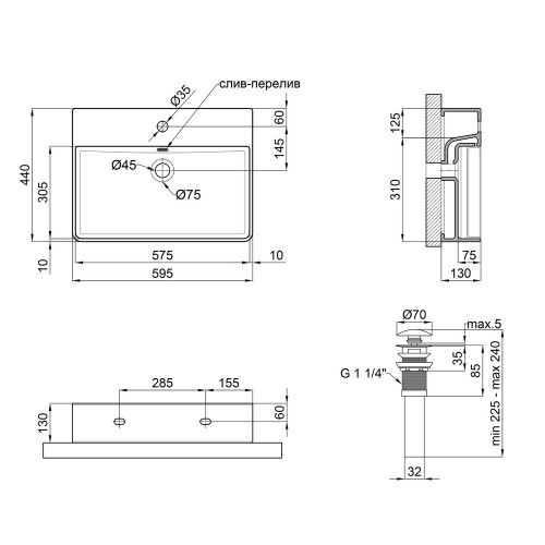 Раковина Qtap Nando LT 600х420х120 Matt black з донним клапаном QT12112173MBMB