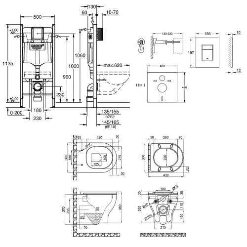 Набір інсталяція 4 в 1 Grohe Rapid SL 3884000G + унітаз з сидінням Qtap Aries QT0333063ERW