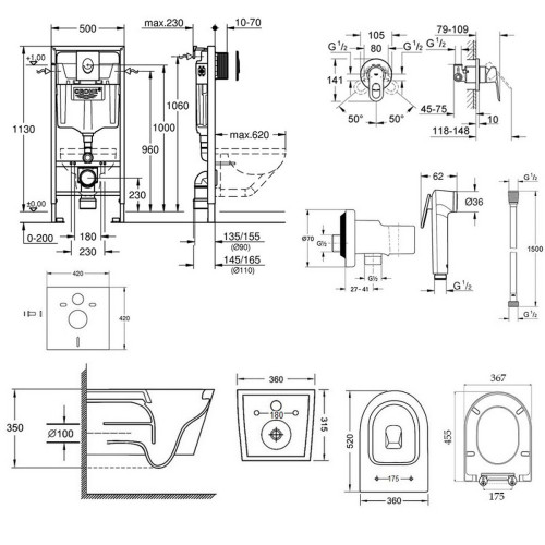 Комплект інсталяція Grohe Rapid SL 38721001 + унітаз з сидінням Qtap Jay QT07335176W + набір для гігієнічного душу зі змішувачем Grohe BauLoop 111042