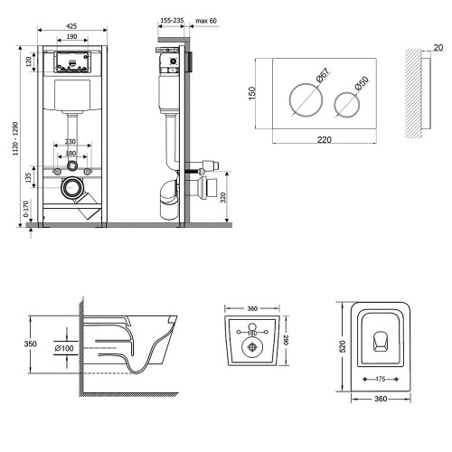 Набір Qtap інсталяція 4 в 1 з панеллю змиву Nest (QT0133M425 + QT0111M11V1114W) + унітаз з сидінням Crow QT05335170W