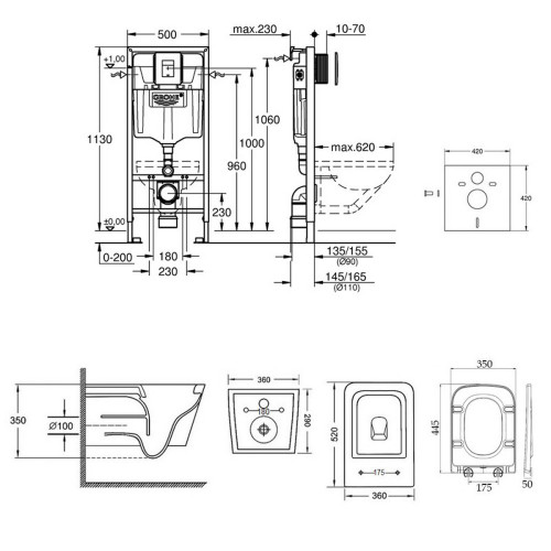 Набір інсталяція 5 в 1 Grohe Rapid SL 38827000 + унітаз з сидінням Qtap Crow QT05335170W