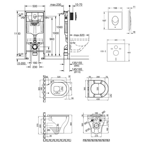 Набір інсталяція 4 в 1 Grohe Rapid SL 38722001 + унітаз з сидінням Qtap Aries QT0333063ERW