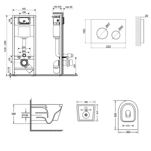 Набір Qtap інсталяція 4 в 1 з панеллю змиву Nest (QT0133M425 + QT0111M11V1114W) + унітаз з сидінням Jay QT07335176W