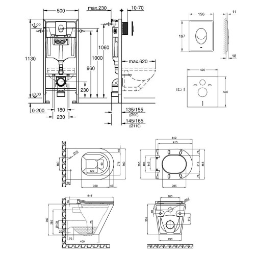 Набір інсталяція 4 в 1 Grohe Rapid SL 38722001 + унітаз з сидінням Qtap Scorpio QT1433053ERMB