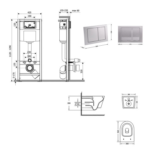 Готове рішення Qtap для ванної кімнати: підвісний унітаз Jay Ultra Quiet 520x360x320 + комплект інсталяції Nest 4 в 1 (квадратна клавіша Satin)