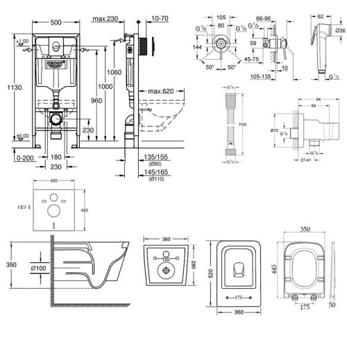 Комплект інсталяція Grohe Rapid SL 38721001 + унітаз з сидінням Qtap Crow QT05335170W + набір для гігієнічного душу зі змішувачем Grohe BauClassic 111048