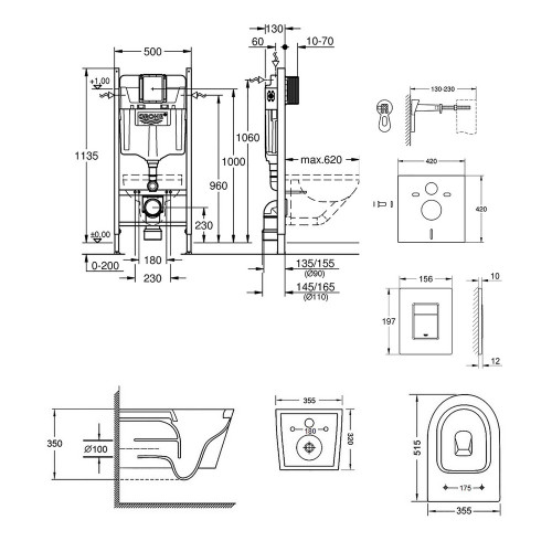 Набір інсталяція 4 в 1 Grohe Rapid SL 3884000G + унітаз з сидінням Qtap Swan QT16335178W