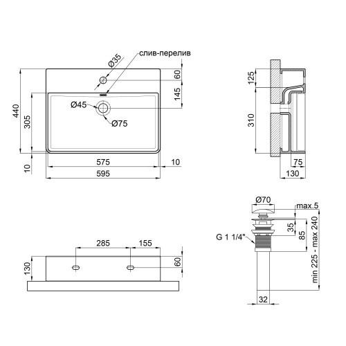 Комплект Qtap Nando LT: Раковина подвесная прямоугольная 600х420х120 мм Matt Black + Донный клапан PU03O
