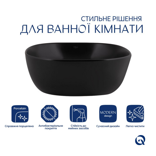 Комплект Qtap Kolibri: Раковина накладная квадратная 410x410x150 мм Matt Black + Донный клапан PU03