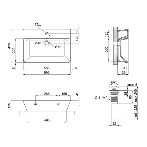 Комплект Qtap Virgo: Раковина подвесная прямоугольная 600x420x140 мм White + Донный клапан PU02O