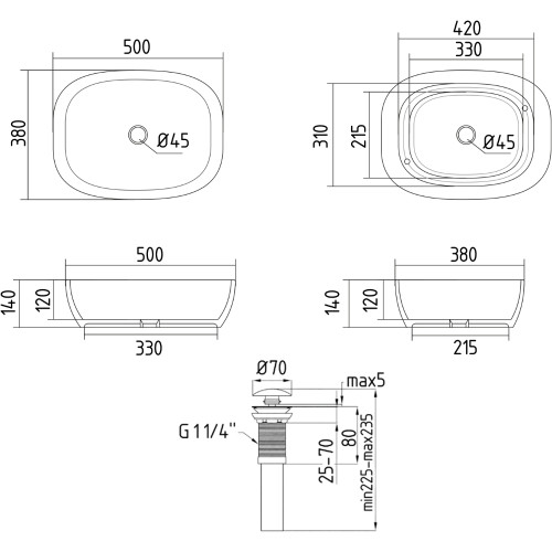 Раковина накладная Qtap Cardinal 500х380х140 мм, Stone grey, прямоугольная, с донным клапаном QTCAR188SG49824