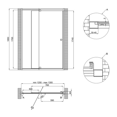 Душові двері в нішу Qtap Pisces WHI2012-13.CP5 120-130x185 см, скло Pattern 5 мм