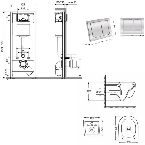 Готове рішення Qtap для ванної кімнати: підвісний унітаз Taurus Ultra Quiet 515×360×350 + комплект інсталяції Nest 4 в 1 (квадратна клавіша Chrome)