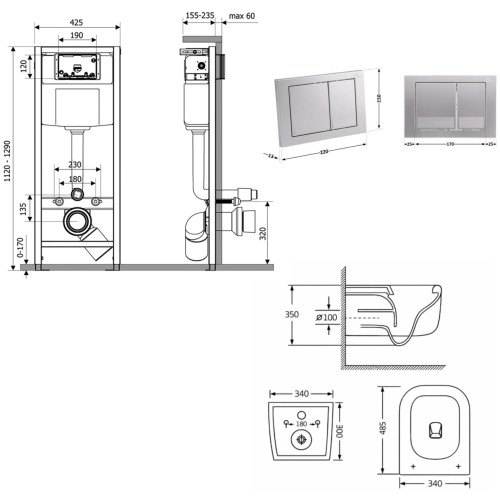 Готове рішення Qtap для ванної кімнати: підвісний унітаз Gemini Ultra Quiet 485×340×350 + комплект інсталяції Nest 4 в 1 (квадратна клавіша Satin)