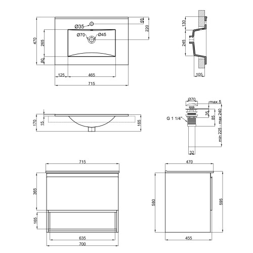 Комплект Qtap Robin 700х580х437 Graphite/Whitish oak тумба підвісна + раковина урізна QT1372TPВ7002GWO