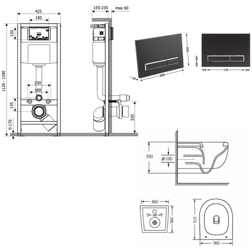 Готове рішення Qtap для ванної кімнати: підвісний унітаз Taurus Ultra Quiet 515×360×350  + комплект інсталяції Nest 4 в 1 (лінійна клавіша Matt Black)