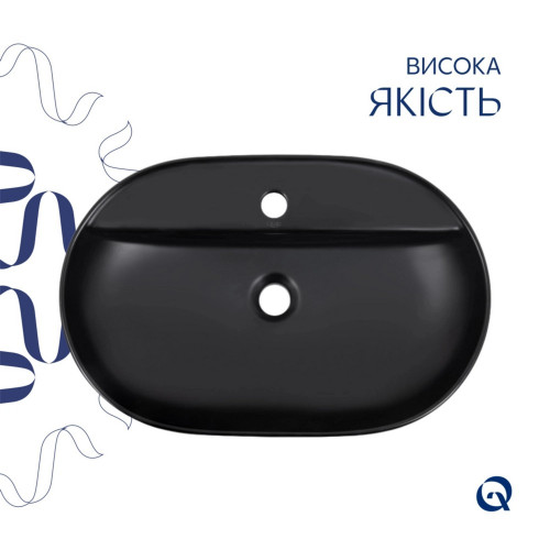 Комплект Qtap Scorpio: Раковина накладна 600x400x120 мм, Matt Black, овальна + Донний клапан Pop-up PU03