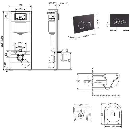 Готове рішення Qtap для ванної кімнати: підвісний унітаз Taurus Ultra Quiet 515×360×350 + комплект інсталяції Nest 4 в 1 (кругла клавіша Matt Black)