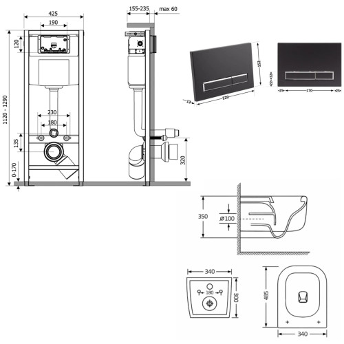 Готове рішення Qtap для ванної кімнати: підвісний унітаз Gemini Ultra Quiet 485×340×350  + комплект інсталяції Nest 4 в 1 (лінійна клавіша Matt Black)