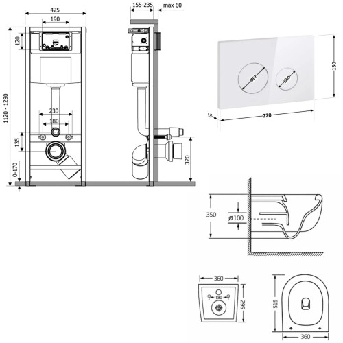 Готове рішення Qtap для ванної кімнати: підвісний унітаз Taurus Ultra Quiet 515×360×350 + комплект інсталяції Nest 4 в 1 (кругла клавіша White)