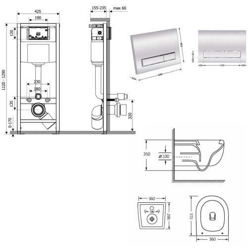 Готове рішення Qtap для ванної кімнати: підвісний унітаз Taurus Ultra Quiet 515×360×350 + комплект інсталяції Nest 4 в 1 (лінійна клавіша Chrome)