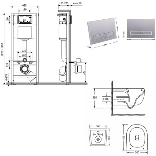 Готове рішення Qtap для ванної кімнати: підвісний унітаз Taurus Ultra Quiet 515×360×350 + комплект інсталяції Nest 4 в 1 (лінійна клавіша Satin)