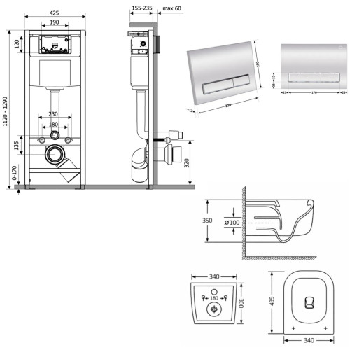 Готове рішення Qtap для ванної кімнати: підвісний унітаз Gemini Ultra Quiet 485×340×350 + комплект інсталяції Nest 4 в 1 (лінійна клавіша Chrome)