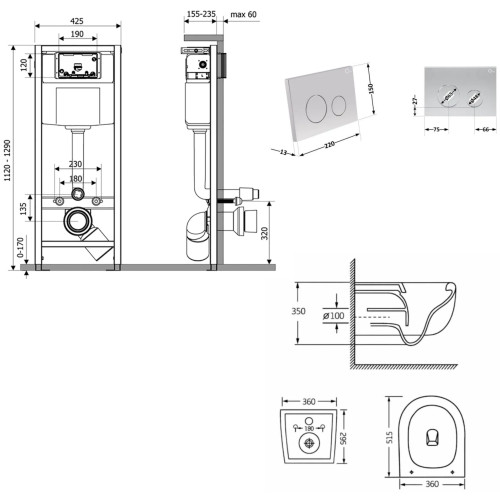 Готове рішення Qtap для ванної кімнати: підвісний унітаз Taurus Ultra Quiet 515×360×350 + комплект інсталяції Nest 4 в 1 (кругла клавіша Satin)