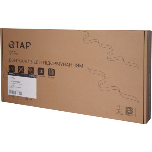 Дзеркало Qtap Taurus HR800 з LED-підсвічуванням Touch, з антизапотіванням, з димером, рег. темп. кольору (3000-6500K) QTTAUHR800