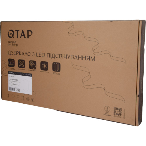 Дзеркало Qtap Scorpio (SC1) з LED-підсвічуванням Touch, з антизапотіванням, з димером, рег. темп. кольору (3000-6500K) Black QTSC500900