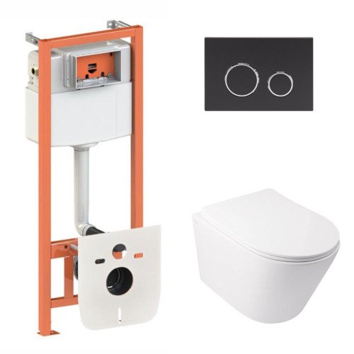 Готовое решение Qtap для ванной комнаты: подвесной унитаз  Swan Ultra Quiet + комплект инсталляции Nest 4 в 1 (круглая клавиша Black mat)