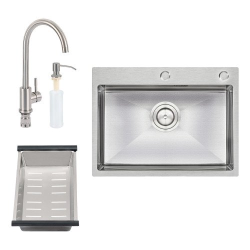 Набор 4 в 1 Qtap кухонная мойка D6045 Satin + смеситель + сушилка + дозатор для моющего средства