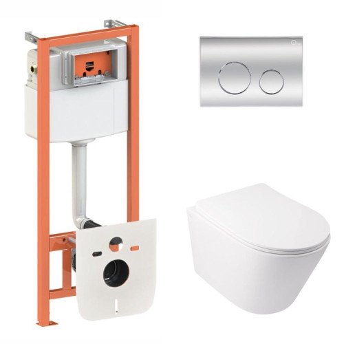 Готовое решение Qtap для ванной комнаты: подвесной унитаз  Swan Ultra Quiet + комплект инсталляции Nest 4 в 1 (круглая клавиша Chrome)