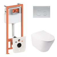 Готовое решение Qtap для ванной комнаты: подвесной унитаз  Swan Ultra Quiet + комплект инсталляции Nest 4 в 1 (круглая клавиша Satin)