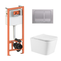 Готовое решение Qtap для ванной комнаты: подвесной унитаз Crow Ultra Quiet + комплект инсталляции Nest 4 в 1 (квадратная клавиша Satin)