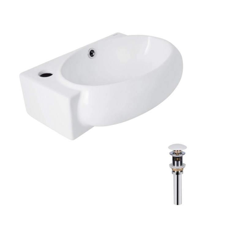 Комплект Qtap Leo: Раковина подвесная овальная левая 430x290x140 мм White + Донный клапан PU02O