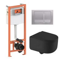 Готовое решение Qtap для ванной комнаты: подвесной унитаз Taurus Ultra Quiet + комплект инсталляции Nest 4 в 1 (квадратная клавиша Satin)