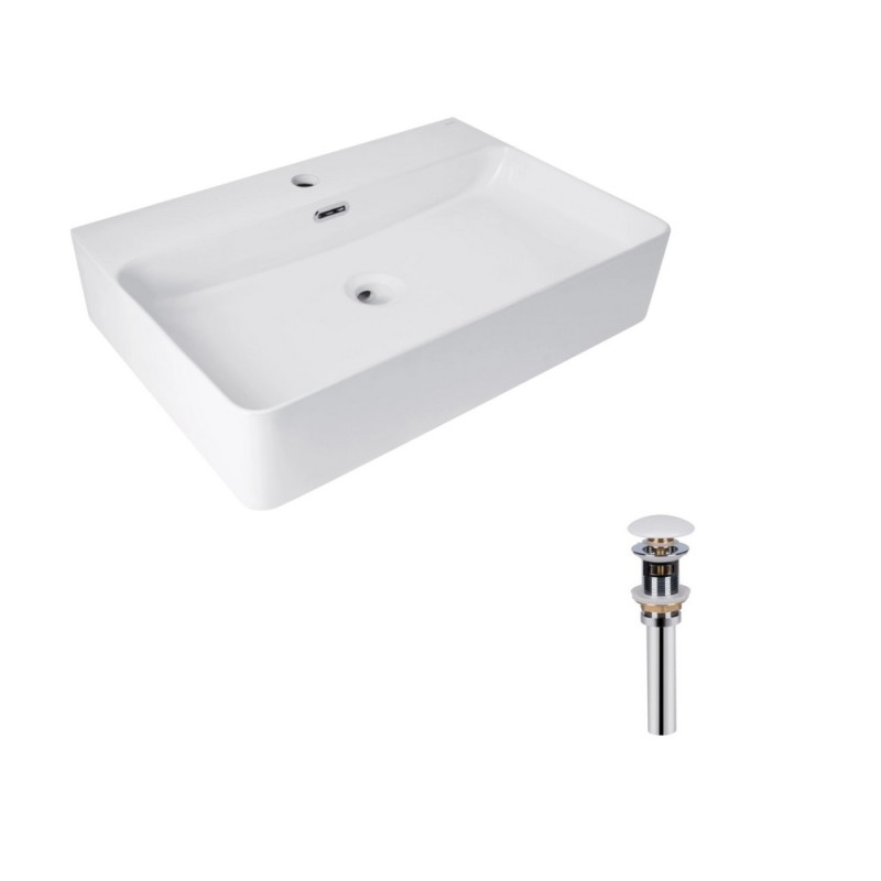 Комплект Qtap Nando LT: Раковина подвесная прямоугольная 600х440х130 мм White + Донный клапан PU02O