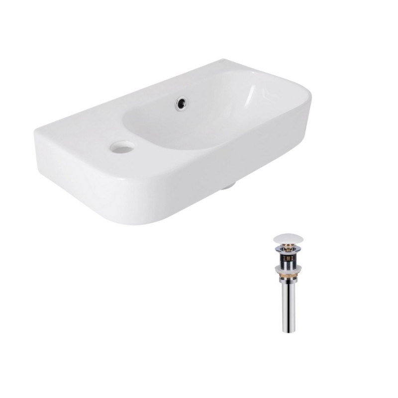 Комплект Qtap Tern: Раковина подвесная прямоугольная левая 450х260х155 мм White + Донный клапан PU02O
