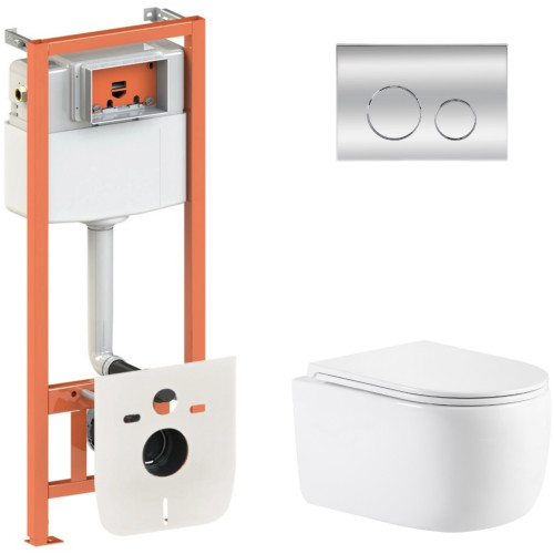 Готовое решение Qtap для ванной комнаты: подвесной унитаз Taurus Ultra Quiet 515×360×350 + комплект инсталляции Nest 4 в 1 (круглая клавиша Chrome)
