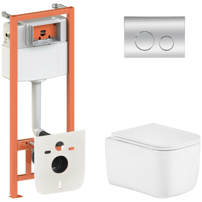 Готовое решение Qtap для ванной комнаты: подвесной унитаз Gemini Ultra Quiet 485×340×350 + комплект инсталляции Nest 4 в 1 (круглая клавиша Chrome)