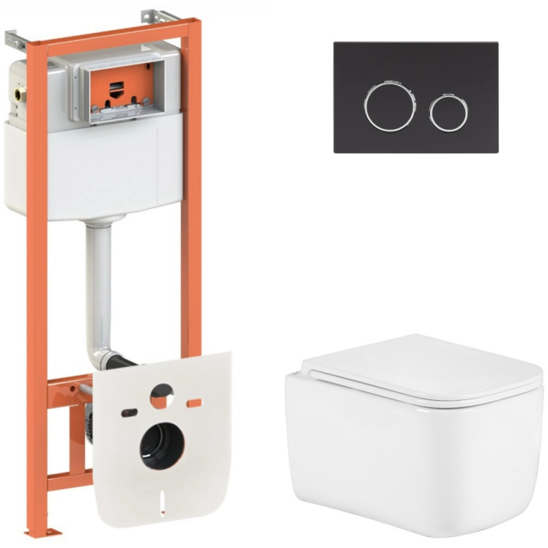 Готовое решение Qtap для ванной комнаты: подвесной унитаз Gemini Ultra Quiet 485×340×350 + комплект инсталляции Nest 4в1 (круглая клавиша Matt Black)