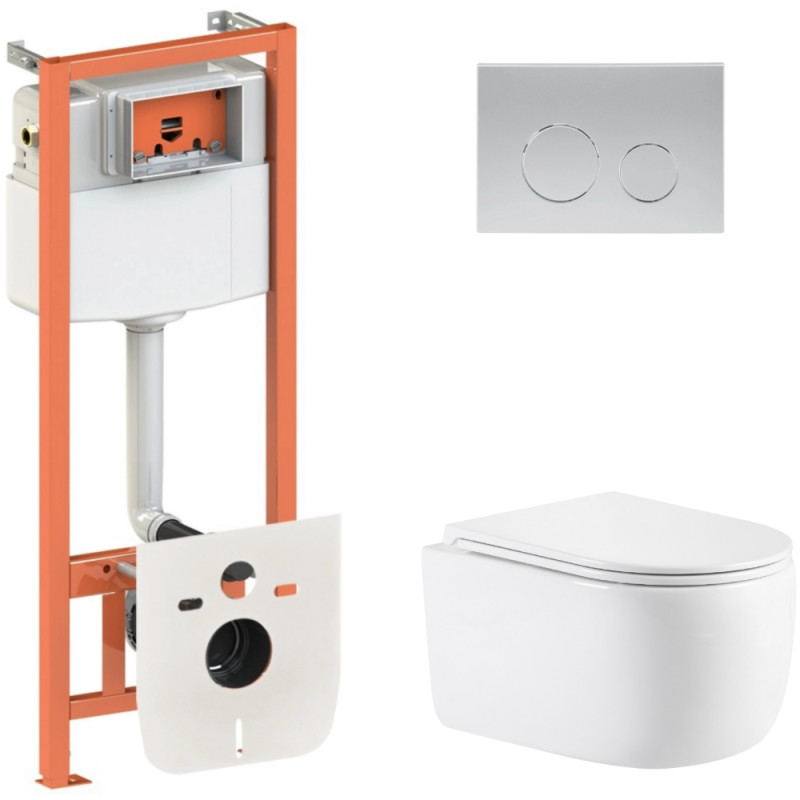 Готовое решение Qtap для ванной комнаты: подвесной унитаз Taurus Ultra Quiet 515×360×350 + комплект инсталляции Nest 4 в 1 (круглая клавиша Satin)